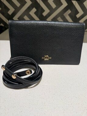 Coach Black Pebbled Leather Wristlet Wallet with Gold Logo